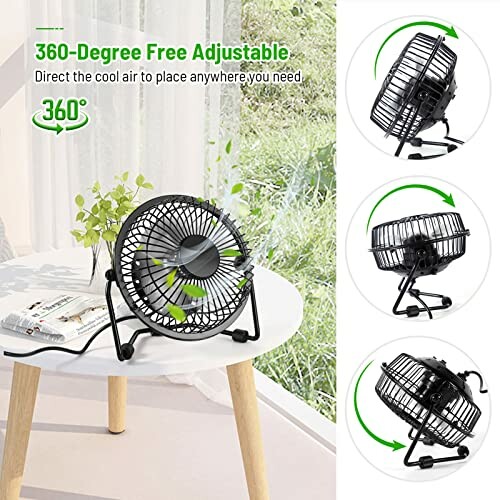 360-degree adjustable desk fan with three different angle views