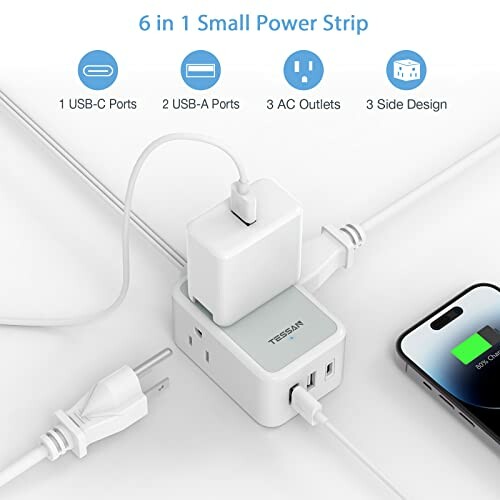 6-in-1 power strip with 3 outlets, 2 USB-A ports, and 1 USB-C port. Perfect for multi-device charging.