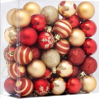 Festive display of Christmas balls in red and gold colors.