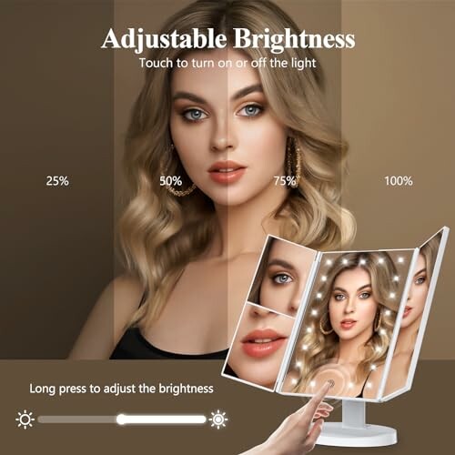 Woman using an adjustable brightness makeup mirror with touch control.
