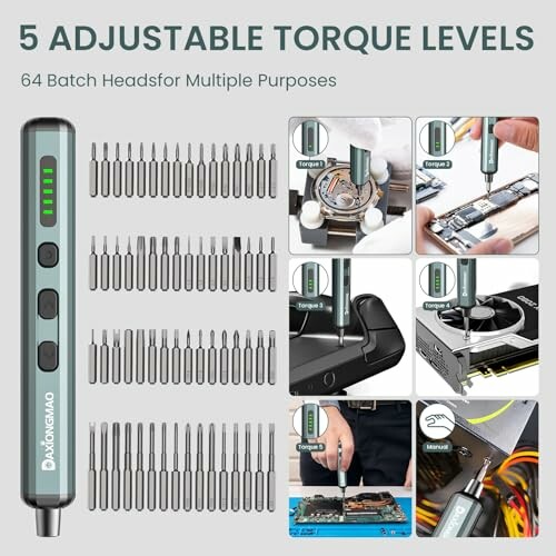 Electric screwdriver kit with adjustable torque and 64 batch heads.
