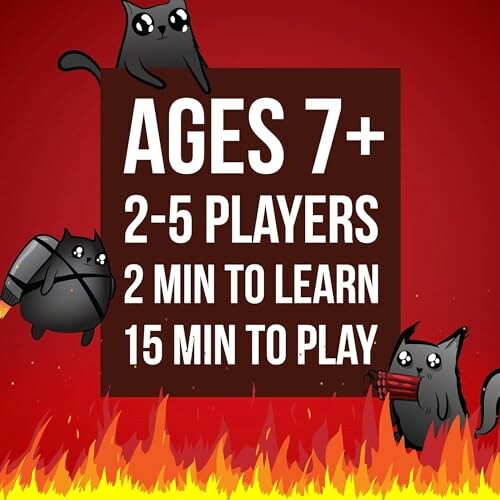 Game details: Ages 7+, 2-5 players, 2 min to learn, 15 min to play, with cartoon cats and flames.