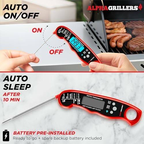 Alpha Grillers digital thermometer with auto on/off and sleep features, used for grilling.