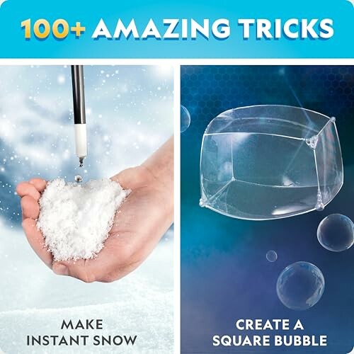 Image showcasing 100+ amazing tricks including making instant snow and creating a square bubble.