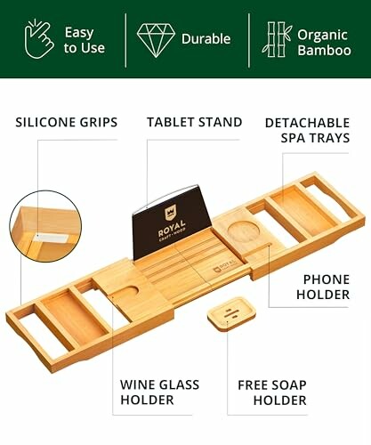 Bamboo bathtub caddy with silicone grips, tablet stand, detachable spa trays, phone holder, wine glass holder, and free soap holder.
