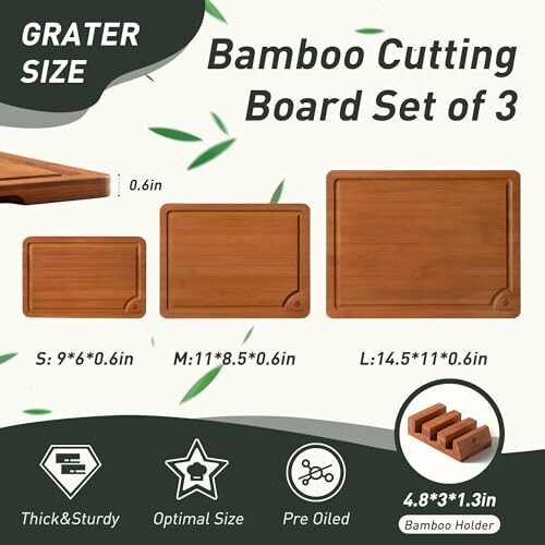 Bamboo cutting board set of 3 with grater size and dimensions.