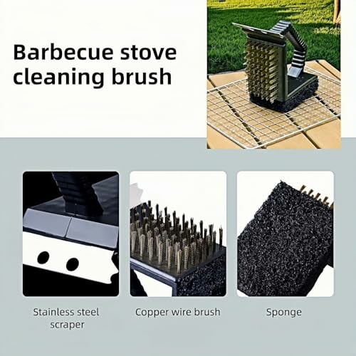 Barbecue stove cleaning brush with stainless steel scraper, copper wire brush, and sponge.