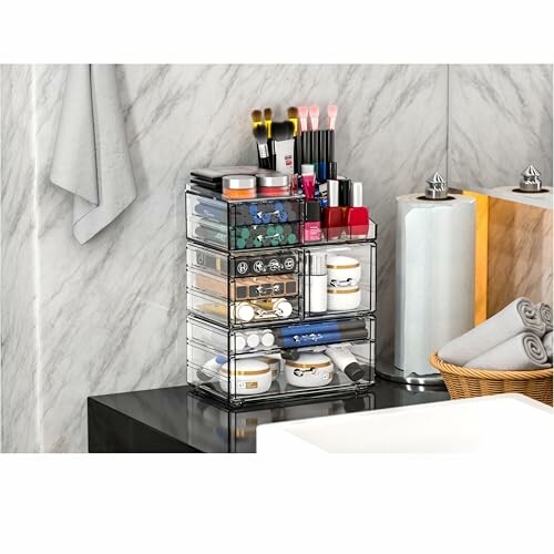 A bathroom countertop organizer holding cosmetics and toiletries.
