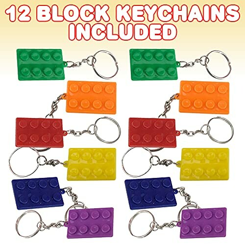 Set of 12 colorful block keychains.
