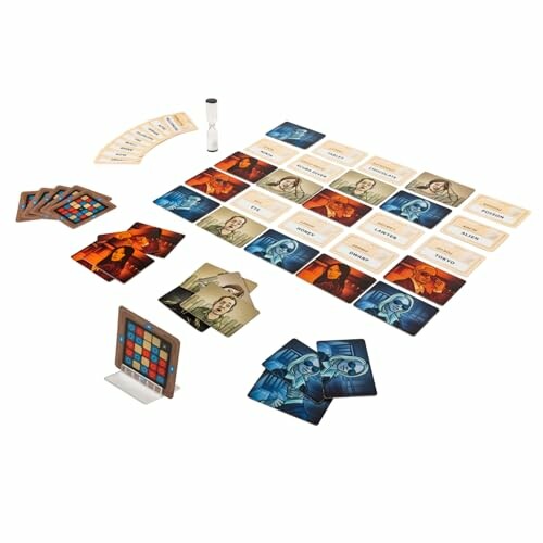 Board game setup with cards and timer. Setup is simple and easy, making it perfect for game nights with friends and family.