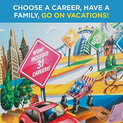 Colorful board game illustration with career and vacation theme