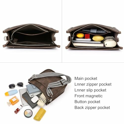 Brown leather bag with organized interior and items displayed. Perfect for keeping your essentials tidy.