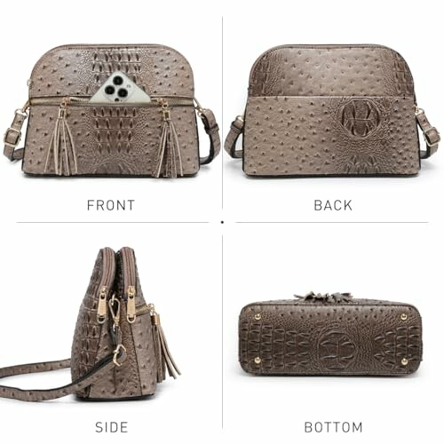 Brown leather handbag shown from front, back, side, and bottom views.