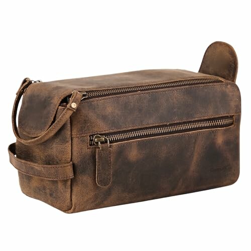 Brown leather toiletry bag with zipper compartments