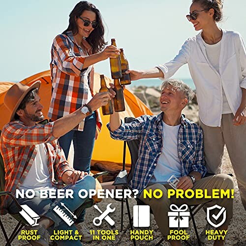 Group of friends toasting beer bottles at a campsite with a tent in the background.