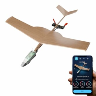 Cardboard glider with smartphone control interface.