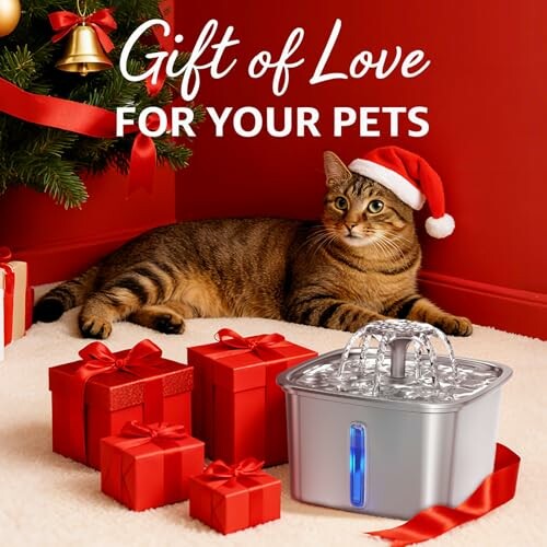 Cat wearing Santa hat with gift boxes and pet fountain.