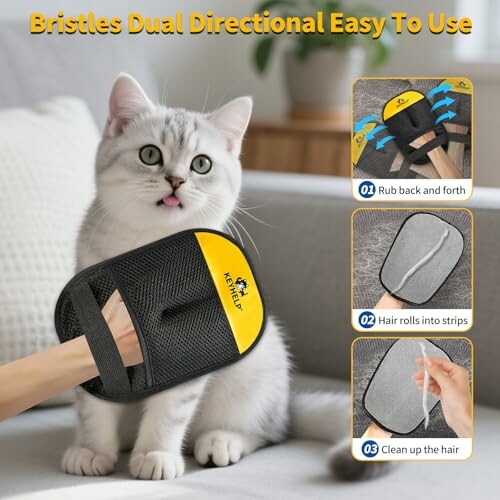 Cat being groomed with a dual-directional pet grooming glove.