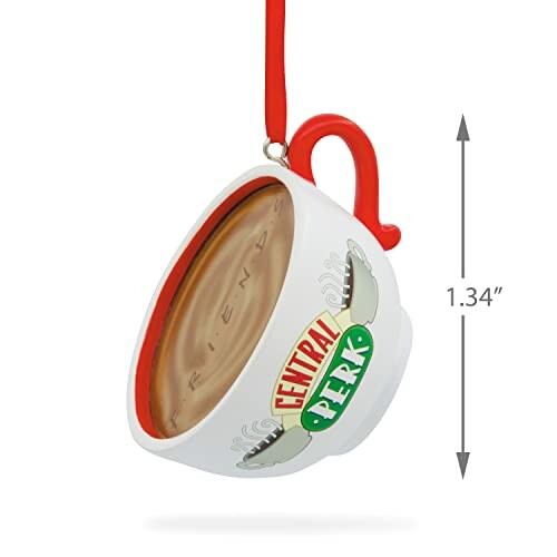 Central Perk coffee cup ornament with red handle and ribbon