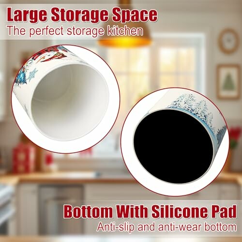 Mug showcasing large storage space and silicone pad in a kitchen setting.