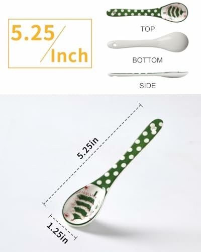 Green ceramic spoon with polka dots and Christmas tree design, 5.25 inches.