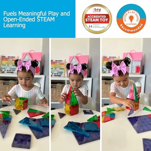 Child playing with colorful geometric tiles for STEAM learning.