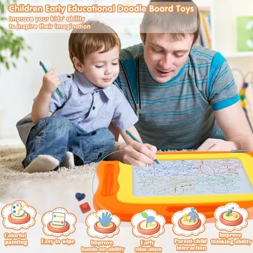 Father and child using a doodle board toy for early education.