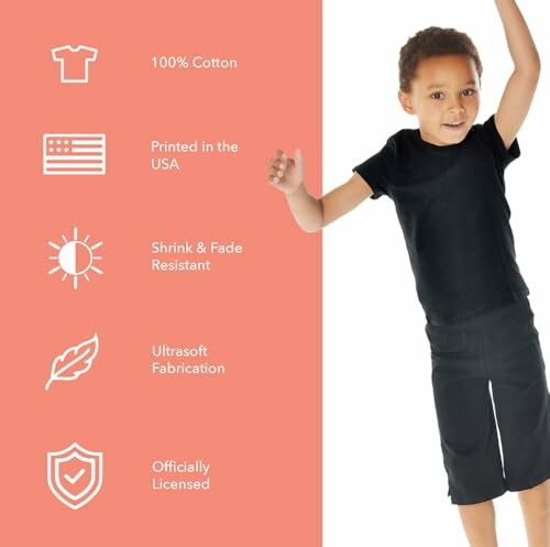 Child in black outfit with features listed: 100% cotton, printed in the USA, shrink and fade resistant, ultrasoft fabrication, officially licensed.