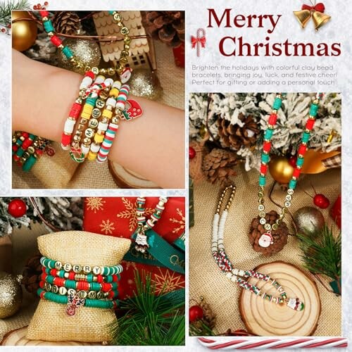 Colorful Christmas-themed beaded bracelets on display.