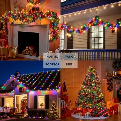 Collage of Christmas decorations: fireplace mantel, patio lights, rooftop lights, and decorated Christmas tree.