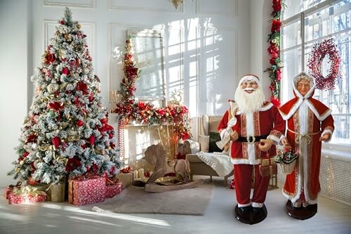 Room with Christmas tree, Santa and Mrs. Claus figures, and gifts
