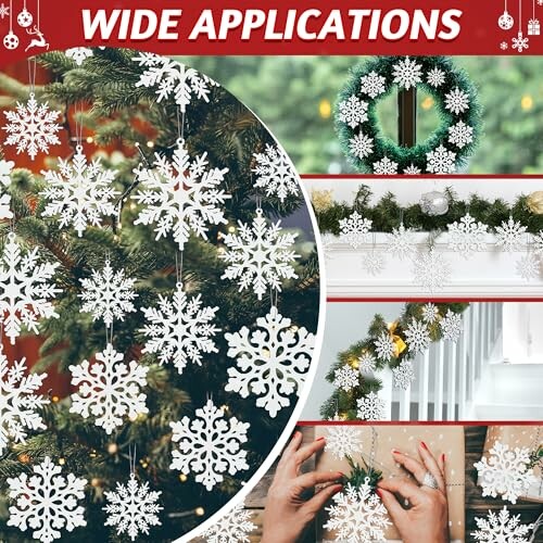 Various Christmas decorations featuring snowflake ornaments on trees, wreaths, garlands, and a staircase.
