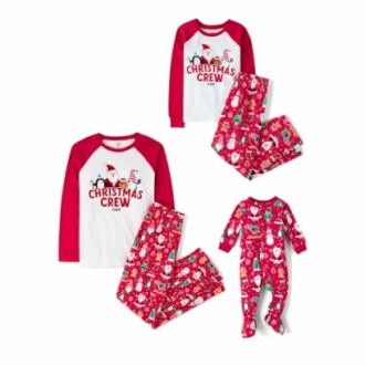 Family Christmas pajamas set with festive designs.