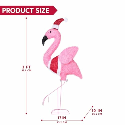 A pink flamingo Christmas decoration wearing a Santa hat, standing tall at 3 feet, enhancing festive outdoor decor.