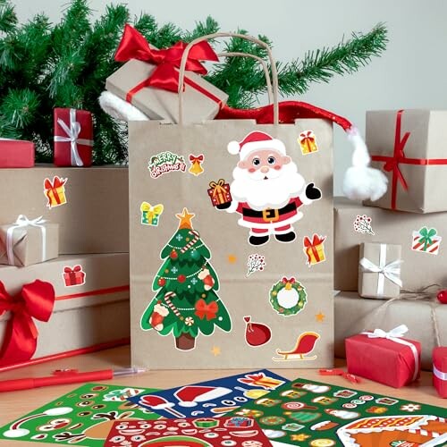 Christmas gift bags with Santa and tree stickers surrounded by wrapped presents.