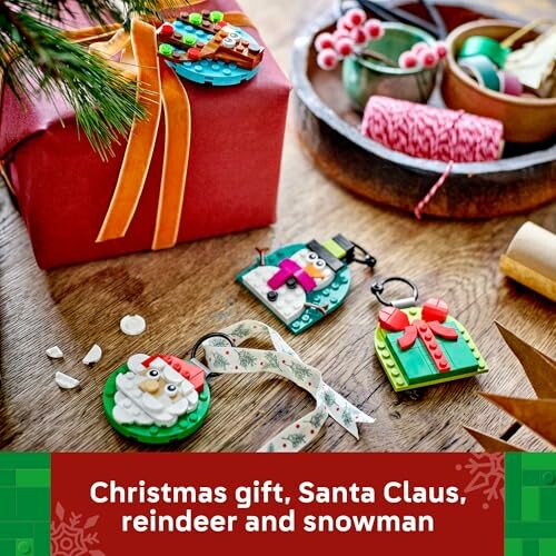 LEGO Christmas decorations with Santa, reindeer, and snowman.