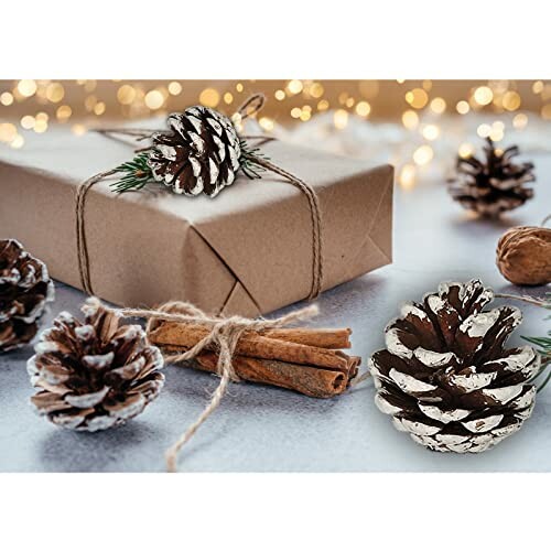 Gift wrapped in brown paper with pinecones, cinnamon sticks, and festive lights.