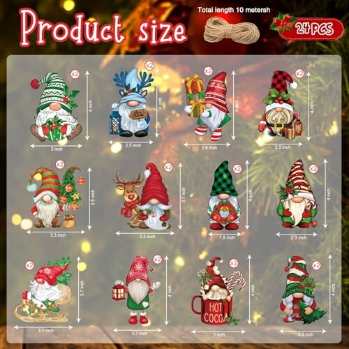 Christmas gnome ornaments with dimensions and designs.