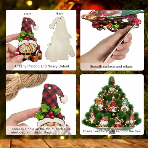 Christmas gnome ornaments with plaid hats, smooth edges, and hemp rope for hanging on tree.
