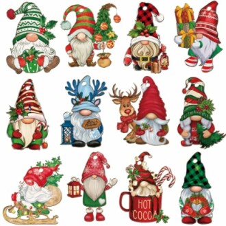 Collection of festive Christmas gnomes with gifts and decorations.