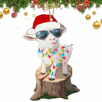 Goat wearing Santa hat and sunglasses with Christmas lights.