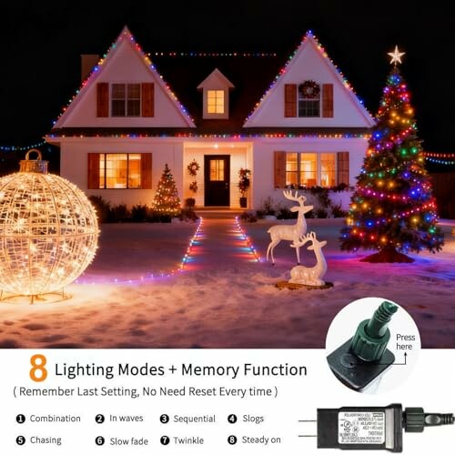House with Christmas lights and decorations, featuring 8 lighting modes.