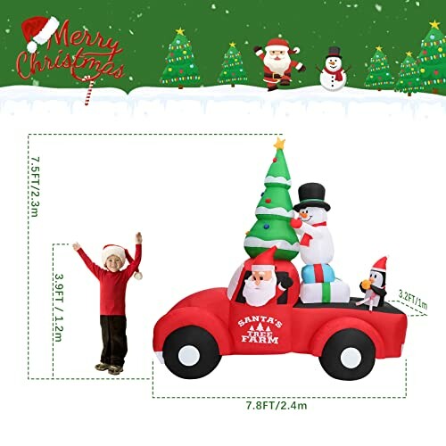 Christmas inflatable decoration with Santa, snowman, and penguin in a red truck.