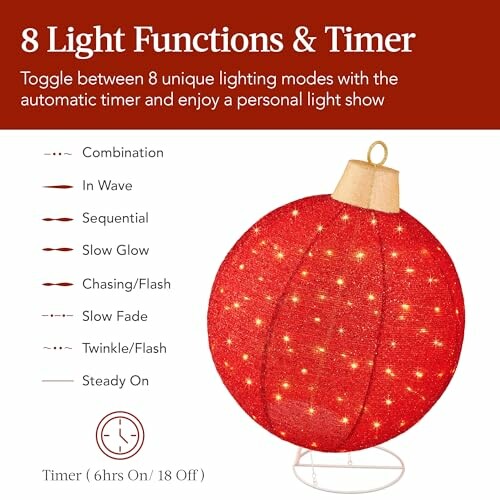 Red Christmas light with 8 functions and timer description.