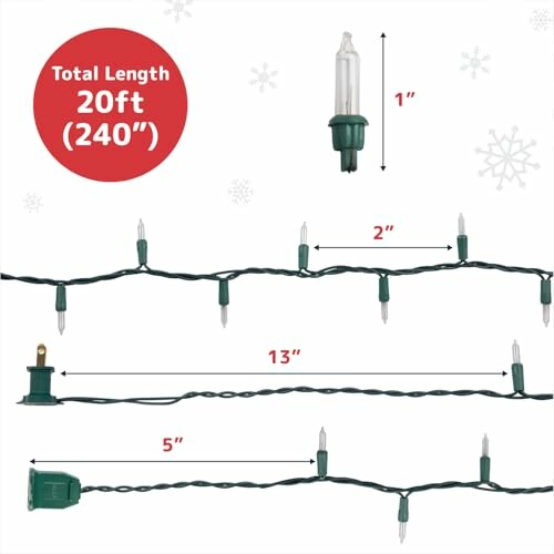 Illustration showing dimensions of a 20ft Christmas light string with measurements for bulb spacing and plug length.