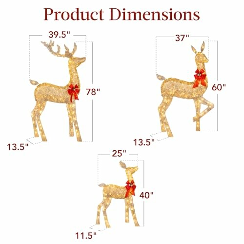 Dimensions of three light-up Christmas reindeer decorations.