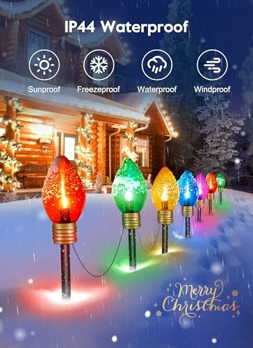Colorful waterproof Christmas lights in snow with house in background.