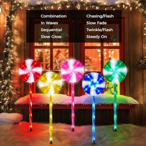 Colorful Christmas lollipop lights in snow with lighting modes listed.