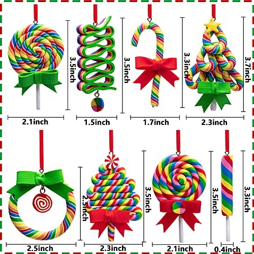 Colorful Christmas lollipop ornaments with dimensions.