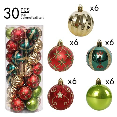 Set of 30 colorful Christmas ornaments in a variety of designs.
